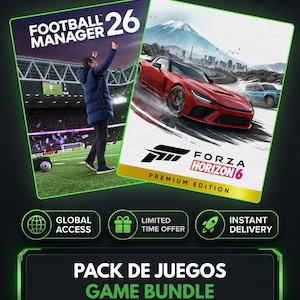 Könnte beinhalten: Ein digitales Spielepaket mit Football Manager 26 und Forza Horizon 6 Premium Edition. Die Grafik zeigt eine Person, die auf einem Fußballfeld jubelt, und einen roten Sportwagen auf einer Straße. Der Text umfasst Global Access, Limited Time Offer, Instant Delivery, Pack de Juegos, Game Bundle und Lifetime Support.