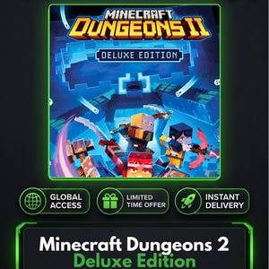Könnte beinhalten: Ein digitales Produktcover für Minecraft Dungeons II Deluxe Edition mit blockartigen Charakteren in einem blauen Dungeon. Der Text lautet KeysHawk, Minecraft Dungeons II Deluxe Edition, Global Access, Limited Time Offer, Instant Delivery und Lifetime Support.