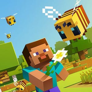 Peut inclure: Un personnage cubique et pix&eacute;lis&eacute; aux cheveux bruns portant une chemise bleue tient une fleur blanche dans un paysage ensoleill&eacute;. Plusieurs abeilles cubiques jaunes et brunes aux ailes blanches volent autour d'arbres verts et de bl&eacute;.