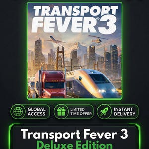 Può includere: Una copertina di prodotto digitale per Transport Fever 3 Deluxe Edition che mostra un autoarticolato rosso e un treno ad alta velocità in primo piano, con uno skyline cittadino, un aereo e un elicottero sullo sfondo, con accenti verdi.