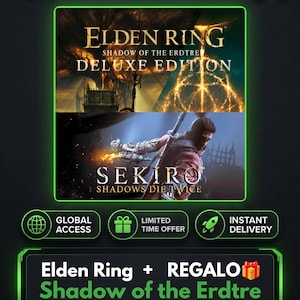 Könnte beinhalten: Eine digitale Werbegrafik mit den Videospielen Elden Ring Shadow of the Erdtree Deluxe Edition und Sekiro Shadows Die Twice. Der Text enthält KeysHawk, Global Access, Limited Time Offer, Instant Delivery und Lifetime Support.