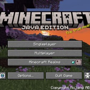 Peut inclure: L'&eacute;cran du menu principal de Minecraft Java Edition affiche un paysage au coucher du soleil avec des arbres violets et de l'herbe verte. L'interface comprend des boutons Singleplayer, Multiplayer, Minecraft Realms, Options et Quit Game, avec le texte The true meaning of covfefe.