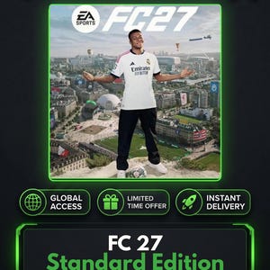 Könnte beinhalten: Ein digitales Spielcover für EA Sports FC 27 mit einem Fußballspieler im weißen Real Madrid Trikot mit der Aufschrift Emirates Fly Better, der über einer Stadtlandschaft steht, mit einem Fußball und dem deutlich sichtbaren Text FC 27.