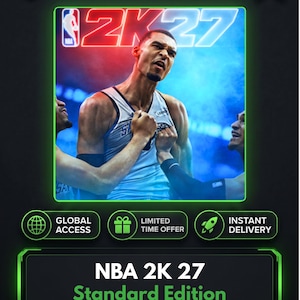Può includere: Una copertina di gioco digitale per NBA 2K27 Standard Edition con un giocatore di basket in maglia bianca che esulta in campo. La grafica include il logo KeysHawk e testi relativi ad accesso globale, offerta limitata, consegna immediata e supporto a vita.