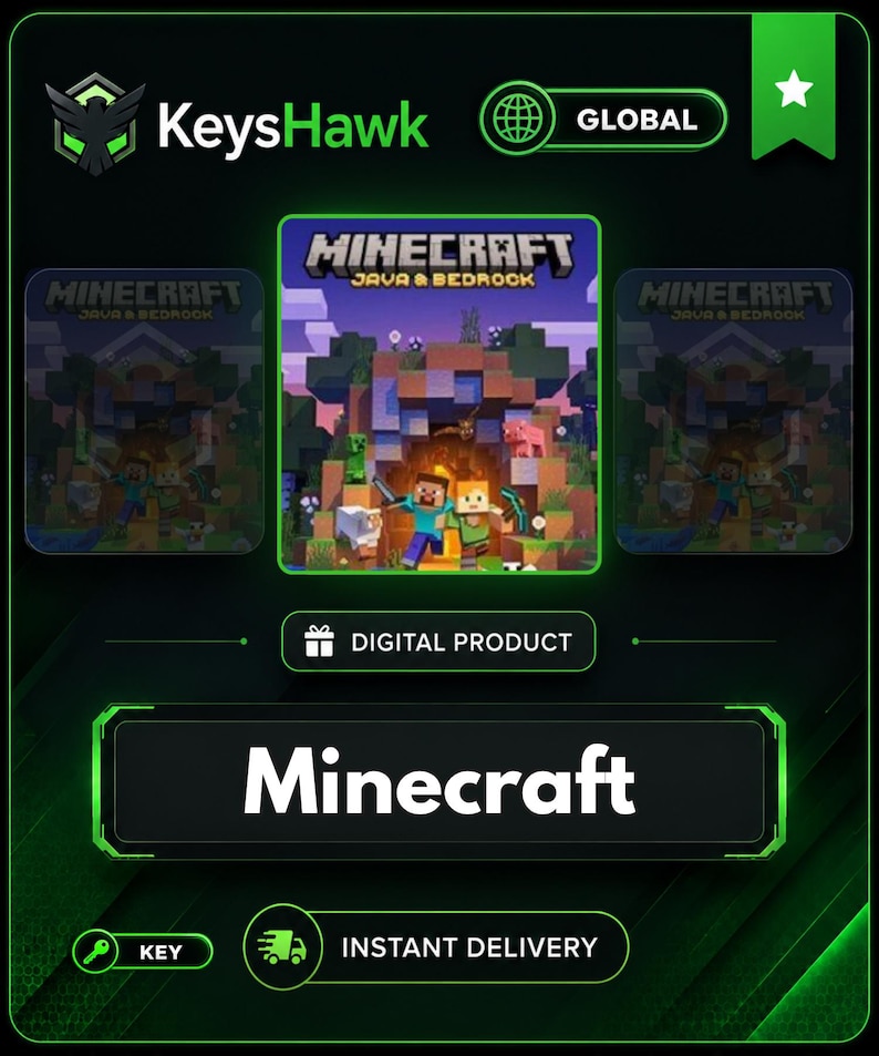 Peut inclure: Une fiche de produit num&eacute;rique pour Minecraft Java et Bedrock avec le logo KeysHawk, une ic&ocirc;ne mondiale et le texte Minecraft, Digital Product, Key et Instant Delivery. Le graphique central montre des personnages Minecraft dans un paysage.