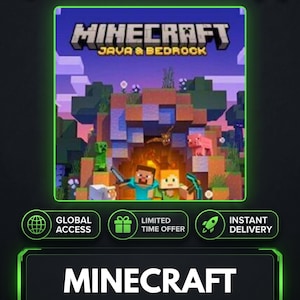 May include: A digital product card for Minecraft Java & Bedrock featuring a colorful game scene with characters like Steve and a Creeper in front of a cave. The design includes the KeysHawk logo, text labels for global access, and a prominent Minecraft title.