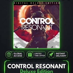 Può includere: Un elenco di prodotti digitali per Control Resonant Digital Deluxe Edition con una grafica centrale di un personaggio in giacca con cappuccio su uno sfondo circolare rosso. Il testo include KeysHawk, Global Access, Limited Time Offer e Instant Delivery.