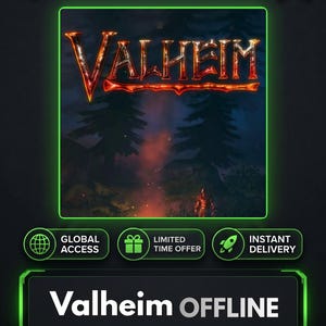 Può includere: Un grafico digitale che presenta il logo KeysHawk e il titolo del gioco Valheim in lettere arancioni infuocate sopra una scena di foresta oscura con un personaggio. Sotto, icone verdi rappresentano l'accesso globale, le offerte limitate e la consegna istantanea, con il testo Valheim OFFLINE e un'etichetta di supporto a vita.