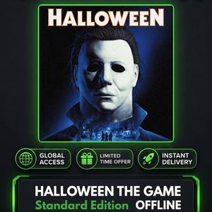 May include: A digital game cover for Halloween featuring a white mask with dark eye sockets above a dark suburban street scene. The text reads KeysHawk, HALLOWEEN, GLOBAL ACCESS, LIMITED TIME OFFER, INSTANT DELIVERY, HALLOWEEN THE GAME Standard Edition OFFLINE, and LIFETIME SUPPORT.