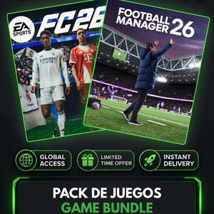 Può includere: Un pacchetto di giochi digitali che include EA Sports FC 26 e Football Manager 26. L'immagine mostra due copertine di giochi con calciatori e un allenatore sul campo, insieme a etichette per accesso globale, offerta limitata e consegna immediata.