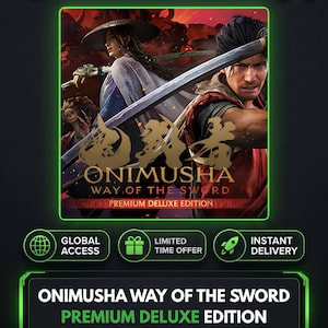 May include: A digital game cover for Onimusha Way of the Sword Premium Deluxe Edition featuring two characters with swords against a dark red background. The text Onimusha Way of the Sword Premium Deluxe Edition is displayed prominently in the center.