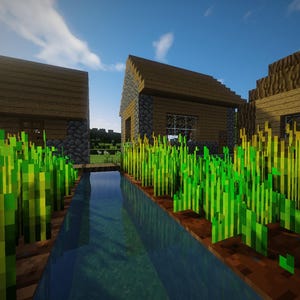 Peut inclure: Un paysage num&eacute;rique pr&eacute;sentant un canal d'eau &eacute;troit bord&eacute; de rang&eacute;es de cultures vert vif. En arri&egrave;re-plan, trois structures en blocs avec des murs en bois et des fondations en pierre sont visibles sous un ciel bleu clair et nuageux.