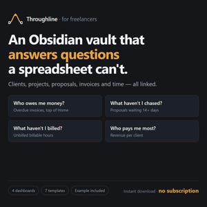 May include: A dark gray digital interface titled Throughline for freelancers. It features the text An Obsidian vault that answers questions a spreadsheet can't, with four boxes listing business queries and a bottom row showing 4 dashboards, 7 templates, and example included.