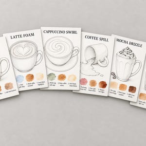 Peut inclure: Six cartes pédagogiques rectangulaires présentant des illustrations au trait noir et blanc de boissons au café, notamment un mug classique, de la mousse de latte, un tourbillon de cappuccino, du café renversé, un moka et un café glacé.