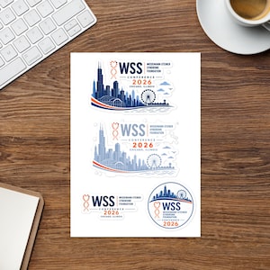 May include: A sheet of four stickers featuring the WSS Wiedemann-Steiner Syndrome Foundation Conference 2026 Chicago, Illinois logo. The designs include a blue and orange Chicago skyline, a DNA strand icon, and text in various shapes and sizes.