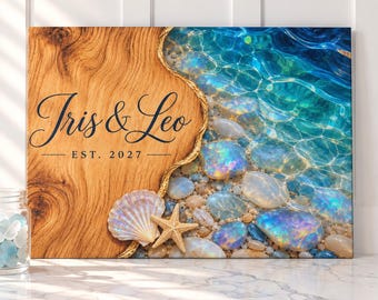 Opal Beach Cutting Board, Personalized Glass Cutting Board, Coastal Wedding Gift for Couple, Seashell Kitchen Decor, Beach House Gift