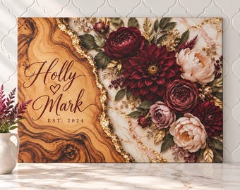 Burgundy Floral Cutting Board, Personalized Glass Cutting Board, Wedding Gift for Couple, Fall Wedding, Dahlia Peony Kitchen Decor