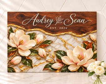 Magnolia Cutting Board, Personalized Couple Glass Cutting Board, Wood and Marble Wedding Gift, Housewarming Gift, Bridal Shower