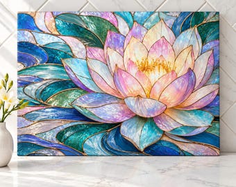 Lotus Stained Glass Cutting Board, Tempered Glass Cutting Board, Zen Lotus Flower Kitchen Decor, Meditation Gift, Floral Serving Board