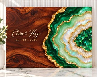 Emerald Geode Cutting Board, Personalized Glass Cutting Board, Wedding Date Gift for Couple, Anniversary Gift, Green Agate Kitchen Decor