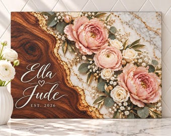 Blush Peony Cutting Board, Personalized Glass Cutting Board, Wedding Gift for Couple, Bridal Shower Gift, Gold Floral Kitchen Decor