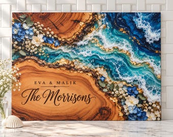 Ocean Wave Cutting Board, Personalized Glass Cutting Board, Family Name Board, Coastal Kitchen Decor, Beach House Housewarming Gift