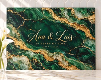 25th Anniversary Cutting Board, Personalized Glass Cutting Board, Emerald Green Gold Agate, Anniversary Gift for Parents, Couple Gift