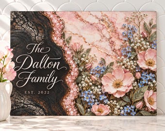 Rose Quartz Floral Cutting Board, Personalized Glass Cutting Board, Family Name Board, Housewarming Gift, Pink Wildflower Kitchen Decor
