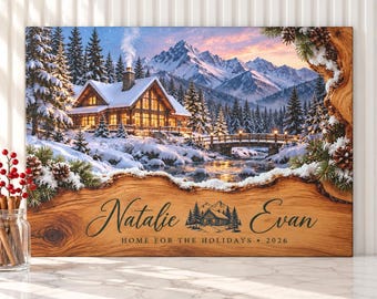 Christmas Cabin Cutting Board, Personalized Glass Cutting Board, Winter Mountain Couple Gift, First Christmas Together, Holiday Decor