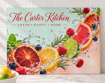 Citrus Fruit Cutting Board, Personalized Glass Cutting Board, Family Name Board, Housewarming Gift, Colorful Summer Kitchen Decor