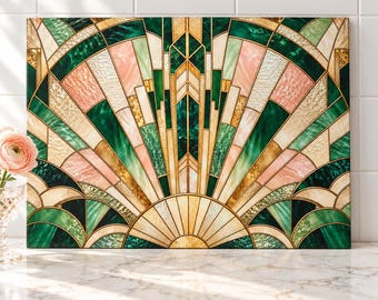 Art Deco Stained Glass Cutting Board, Tempered Glass Cutting Board, Emerald Gold Kitchen Decor, Gatsby Housewarming Gift, Cheese Board