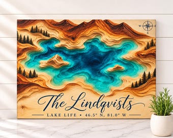 Lake House Cutting Board, Personalized Family Name Glass Cutting Board, Lake Map Coordinates Gift, Cabin Decor, Housewarming Gift