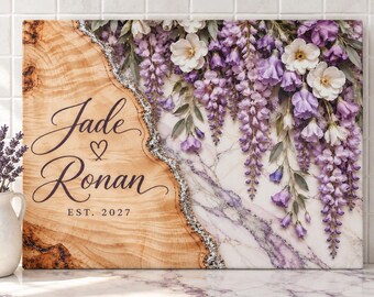 Schneidebrett mit Glyzinienmuster, personalisiertes Glasschneidebrett, Hochzeitsgeschenk für Paare, Marmordekor mit Lavendelblumenmuster, Geschenk zur Brautparty