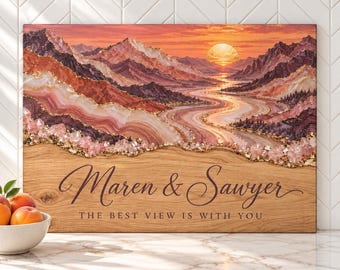 Sunset Mountain Cutting Board, Personalized Glass Cutting Board, Couple Gift for Hikers, Anniversary Gift, Adventure Wedding Gift