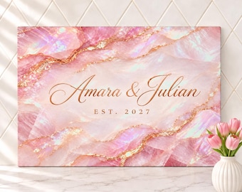 Rose Quartz Cutting Board, Personalized Wedding Glass Cutting Board, Pink Crystal Couple Name Board, Bridal Shower Engagement Gift