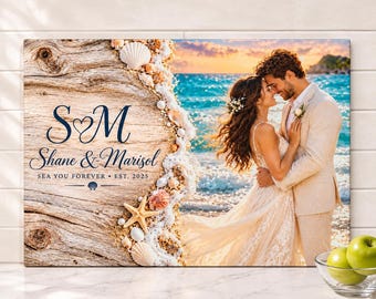 Beach Wedding Photo Cutting Board, Custom Picture Glass Cutting Board, Seashell Coastal Wedding Gift for Couple, Newlywed Gift