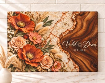Boho Cutting Board, Personalized Couple Glass Cutting Board, Terracotta Poppy Floral Wedding Gift, Boho Kitchen, Housewarming