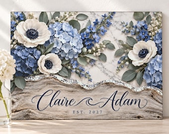 Blue Hydrangea Cutting Board, Personalized Glass Cutting Board, Wedding Gift for Couple, Anniversary Gift, Floral Marble Kitchen Decor