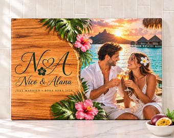 Honeymoon Photo Cutting Board, Just Married Gift, Custom Picture Glass Cutting Board, Tropical Wedding Gift for Couple, Newlywed
