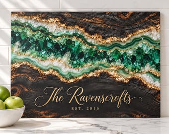 Green Crystal Cutting Board, Personalized Glass Cutting Board, Family Name Board, Housewarming Gift, Rustic Emerald Kitchen Decor