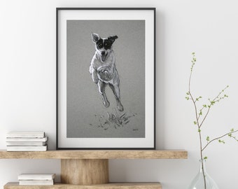 Jack Russell Terrier dog art print, Black and white dog wall art, Fine art print 'Leap of Faith' from an original charcoal and chalk