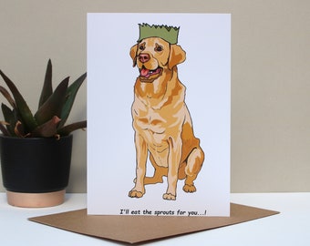 Labrador dog Christmas card, seasons greetings funny dog card, card from the dog, Brussels sprout card for dog lover, Lab lover gift