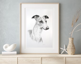 Whippet dog wall art print - Sight Hound Modern home decor - Black & white dog lover gift - Pet art charcoal print - Matted ready to frame