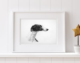 Greyhound Dog wall art print - Country home decor black and white dog lover gift - Pet art charcoal print available unmounted/matted