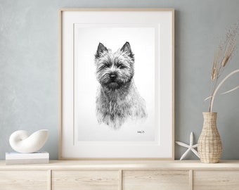 Cairn Terrier dog wall art print - Dog lover gift for country decor - Rustic decor present for dog lover - Black & White charcoal drawing