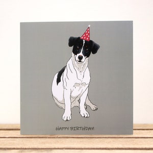Jack Russel Hunde Geburtstagskarte - Black & White Terrier Liebhaber Geschenk - Karte vom Hund - Hunde Mama / Papa Karte - 2 Farben erhältlich - Blanko Karte