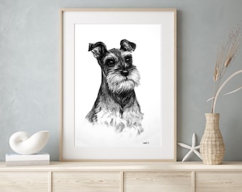 Miniature Schnauzer dog art print - Terrier dog wall art - Black & white dog lover gift - From an original charcoal sketch