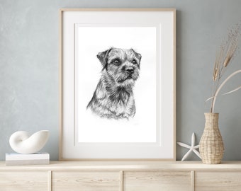 Border Terrier dog wall art print - Farmhouse decor dog drawing - Animal art black & white illustration- Available matted ready to frame