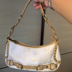 Bolso de hombro vintage Just Cavalli Y2K - Bolso hobo con logo monograma, ribete de serpiente dorado y color crema - Auténtico bolso de diseñador italiano de la década de 2000