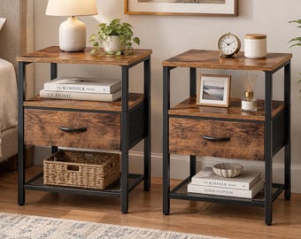 Rustic Brown Nightstand Set of 2 with Fabric Drawer and Mesh Shelf